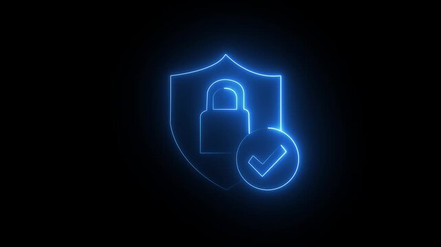 lowing neon blue colour lock animation icon security privacy password protection safety animated on black background. Security shield icon animation with locked padlock on black background4k motion gr