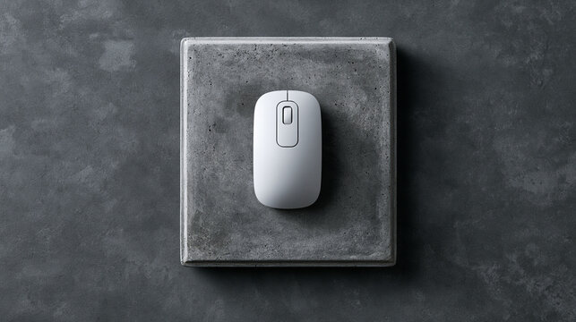 Minimalist white computer mouse resting centrally on textured concrete block with dramatic dark lighting