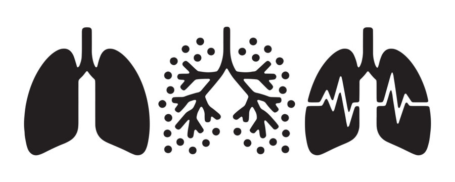 Black lung and bronchus icons with heartbeat representing respiratory health and medical conditions.