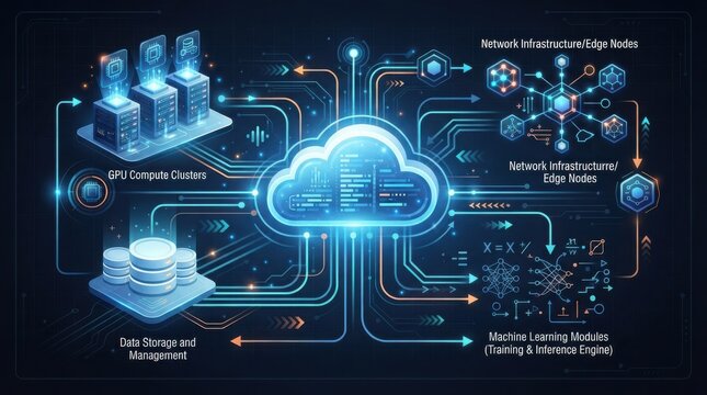 A Futuristic Digital Architecture Diagram Illustrating Cloud Computing Network Infrastructure and Processing