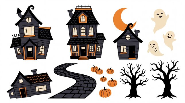 Halloween spooky elements vector clip art set containing icons for haunted houses ghosts orange moon pumpkins winding stone path and bare trees for holiday party designs and flyers