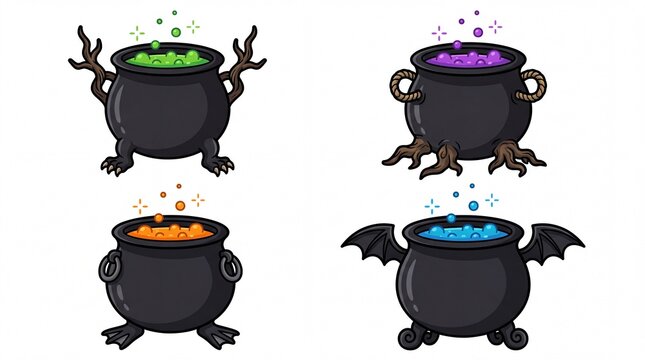 Halloween cauldrons and magic potions vector illustration containing boiling green liquid. Purple bubble brew. Orange potion. Blue magic elixir. Witchcraft icons for holiday design projects