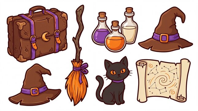 Magic suitcase and witch accessories icon set containing icons for Leather Suitcase Magic Broomstick Potion Bottles Witch Hat Black Cat and Star Map for fantasy projects