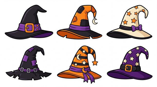 Halloween witch hats vector illustration set containing black hat with buckle patched orange hat star-patterned white hat tattered witch cap striped wizard cap and purple star hat for holiday party