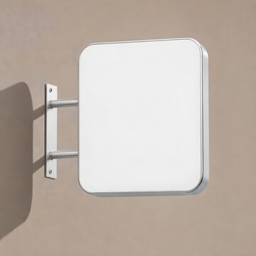 Blank white square sign mockup mounted on a wall with metal brackets, perfect for custom logo and branding display