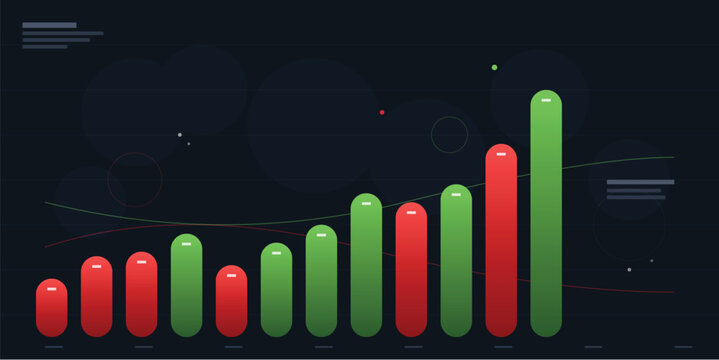Digital financial bar chart showing growth trends with data visualization on transparent background