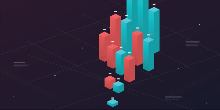 Isometric bar chart visualizing data trends on dark grid background on transparent background