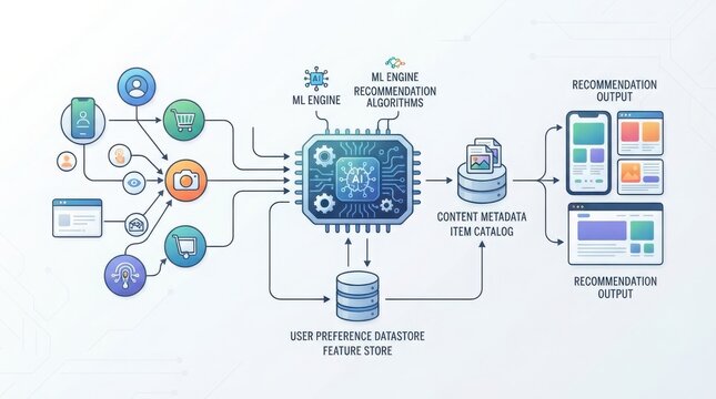 A Schematic Diagram Illustrating How AI Recommendation Engines Process User Data Inputs