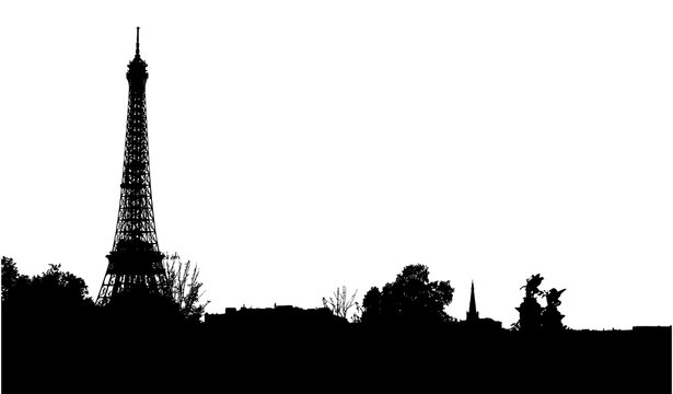 Eiffel Tower Paris Skyline Silhouette with Urban Landscape and Trees
