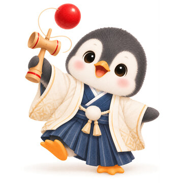 袴姿でけん玉を楽しむかわいいペンギンのお正月イラスト