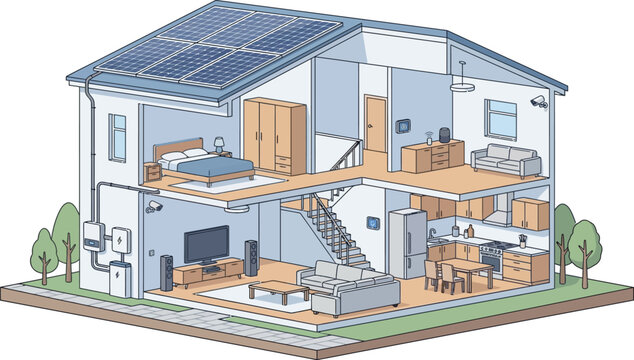 Isometric smart home vector illustration, sustainable house with solar panels and energy efficient appliances, modern interior cross section