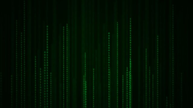 Digital rain of binary code numbers falling down on a dark green background