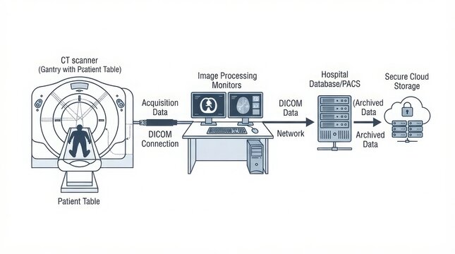 A simplified diagram showing the workflow of medical imaging and data storage