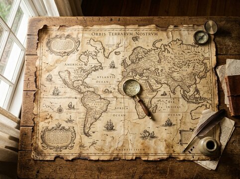 Vintage World Map with Magnifying Glass Compass and Quill for Exploration