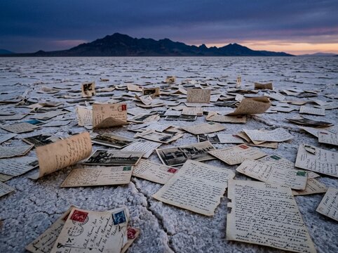 Old Letters and Vintage Postcards Scattered on Vast Salt Flats at Dusk