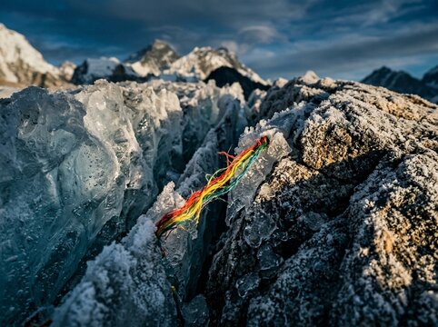 Glacier Crevice with a Colorful Prayer Flag and Majestic Snow Capped Mountains