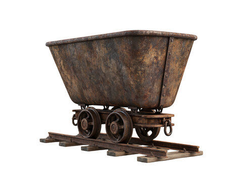 Old rusty mine cart on tracks isolated on transparent background
