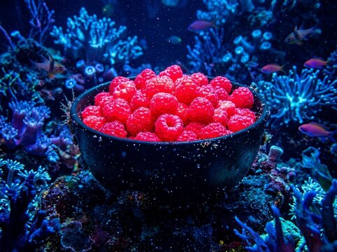 Vibrant Red Raspberries in a Bowl Amidst a Glowing Blue Coral Reef