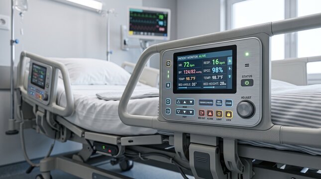 Modern hospital room with an empty patient bed and advanced medical monitoring equipment.