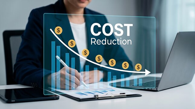Businesswoman analyzing financial data for cost reduction strategies with a holographic display showing a downward trend.