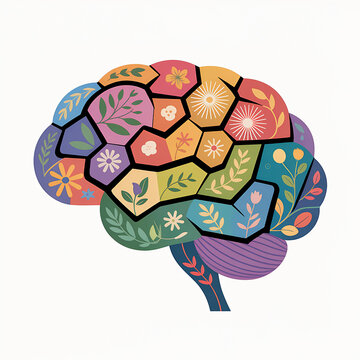 Colorful brain illustration with floral and nature patterns design