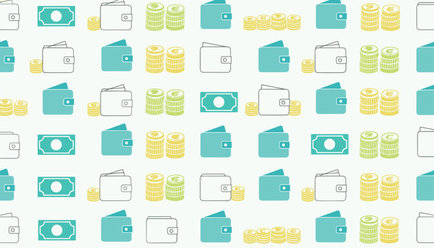 Seamless banking background pattern with repeating turquoise wallets, stacks of gold coins, and green banknotes.