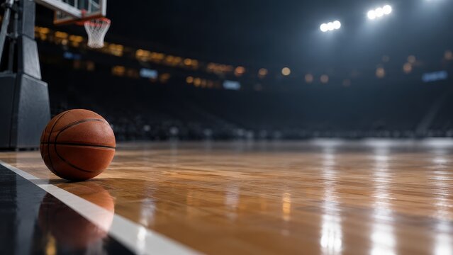 Basketball resting on court near hoop in illuminated stadium