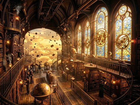 Grand Steampunk Library with Floating Books and Ornate Stained Glass Windows