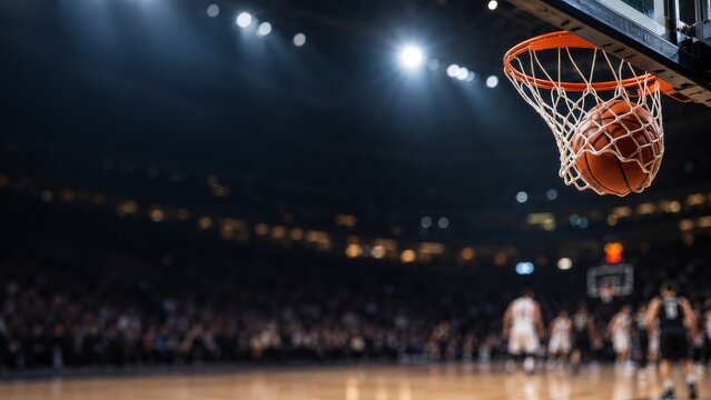 Basketball dropping through hoop in indoor arena with dramatic lights