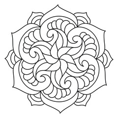 Fototapeta premium Mandala featuring layered paisley curls, rounded floral fans and pointed outer petals creates an ornate relaxing adult coloring page