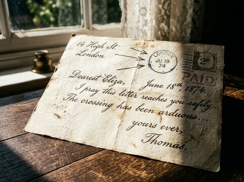 Vintage Handwritten Letter from 1874 with London Postmark on Wooden Desk