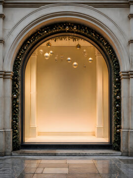 Empty luxury storefront window decorated with festive Christmas ornaments