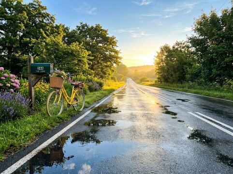 Yellow Bicycle with a Flower Basket by a Mailbox on Wet Rural Road at Golden Sunset