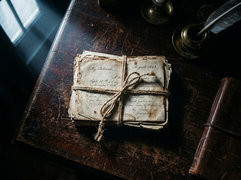 Aged Handwritten Letters Tied with Twine on a Rustic Wooden Desk