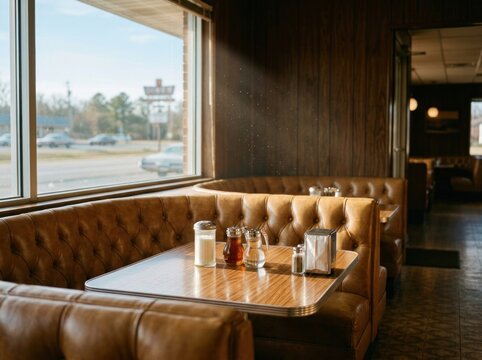 Classic retro American roadside diner interior featuring vintage leather booths, checkered tile floors, and soda fountain counter