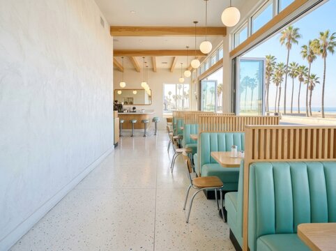Classic retro American roadside diner interior featuring vintage leather booths, checkered tile floors, and soda fountain counter