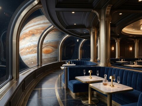 Futuristic sci-fi space station lounge cafe with panoramic viewport overlooking Earth orbit, planetary rings, and glowing cosmos