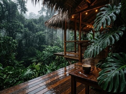 Sustainable eco-friendly treehouse cafe and wooden suspension bridge hidden in lush misty tropical rainforest canopy