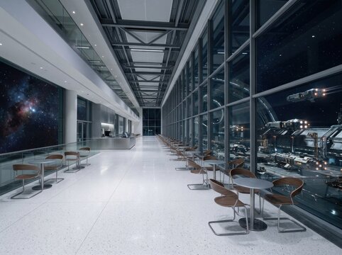 Futuristic sci-fi space station lounge cafe with panoramic viewport overlooking Earth orbit, planetary rings, and glowing cosmos