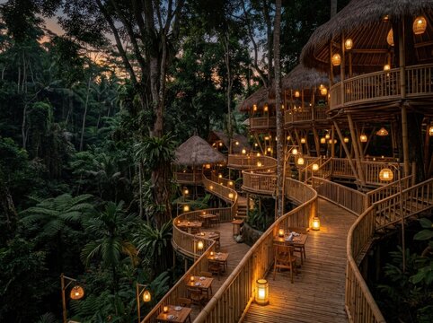 Eco-friendly wooden treehouse cafe terrace nestled high in lush tropical rainforest canopy with winding stairs and mist valley views