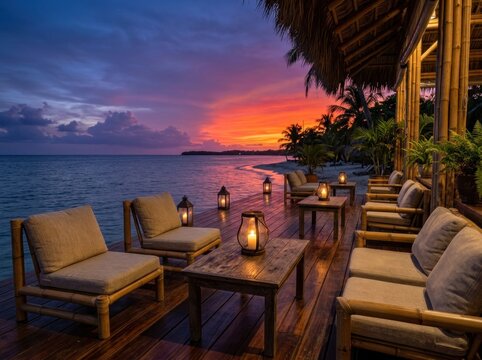 Scenic waterfront cafe terrace and luxury Mediterranean villa veranda overlooking tranquil ocean sunset, canal, and scenic mountains
