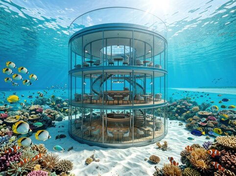 Futuristic luxury underwater aquarium cafe and subterranean restaurant featuring curved glass tunnel, panoramic ocean views, and marine life