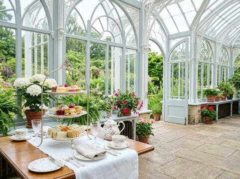 Sunlit Victorian glasshouse conservatory and peaceful academic library reading room with bright minimalist interior