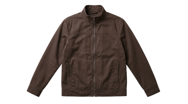 Brown canvas zip jacket mockup featuring a classic stand collar and detailed stitching displayed flat on transparent background