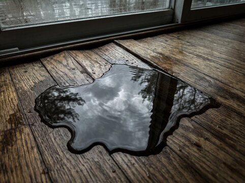 Rainwater leaking from window forming a puddle on hardwood floor