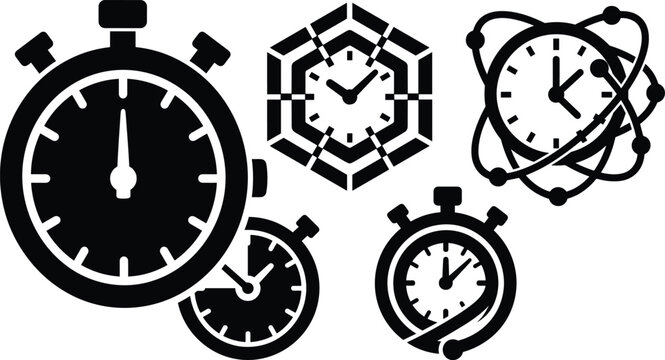 Black stopwatch timer icon set featuring mechanical chronometers, futuristic geometric hexagon clocks, and orbital atomic science time vector