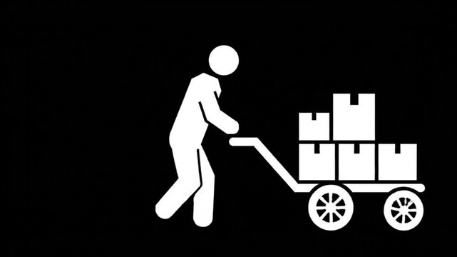 Minimalist icon animation of a worker pulling a cart with cardboard boxes