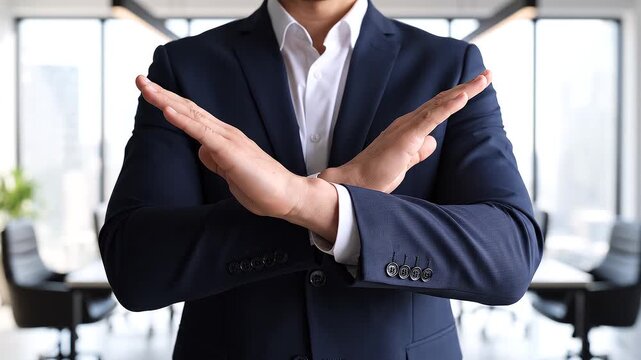 Business Professional Making X Gesture for Rejection, Refusal and Prohibition