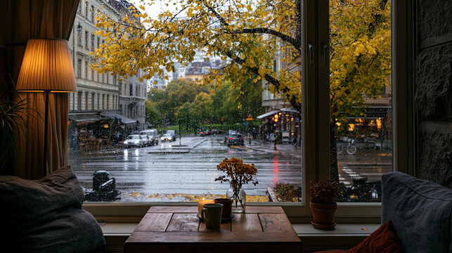 Rainy autumn day view through cozy cafe window with glowing streetlights and colorful fall foliage