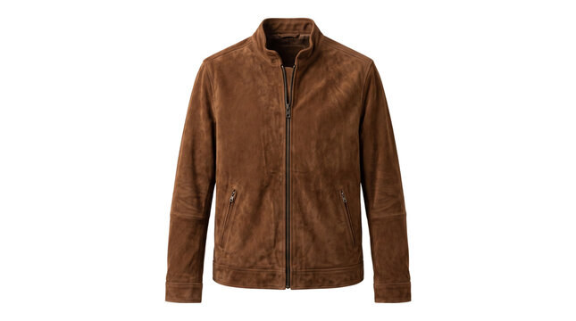 Brown leather jacket featuring full front zipper closure and side pockets displayed isolated on transparent background